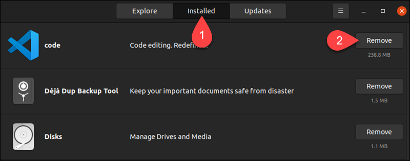 Listing installed apps using the Ubuntu Software Center app.