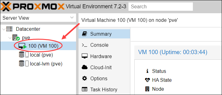 Select a VM in Proxmox to delete it.