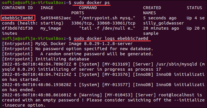 Using a docker log command to fetch container logs.