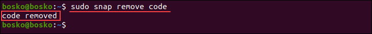Uninstalling the vscode snap package from Ubuntu.