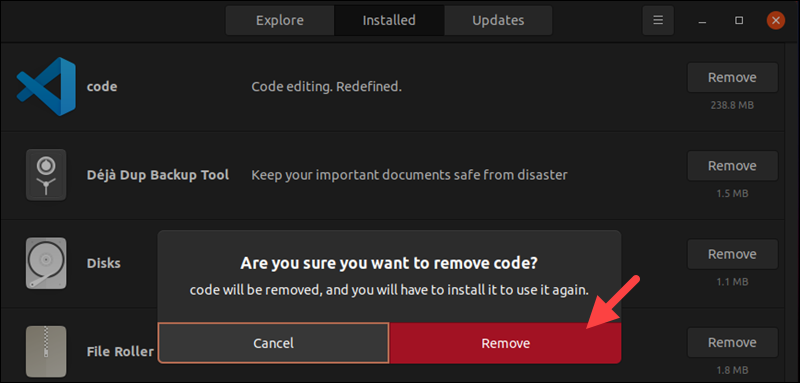 Uninstalling vscode from the Ubuntu Software Center.