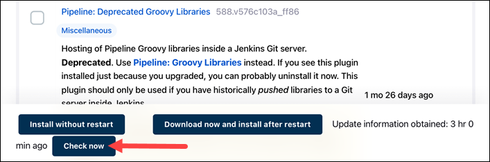 Manage Jenkins plugins check now button