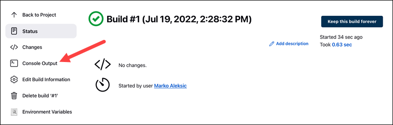 Navigating to console output in Jenkins.