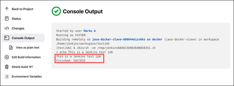 Checking the console output to confirm the successful Docker host configuration.