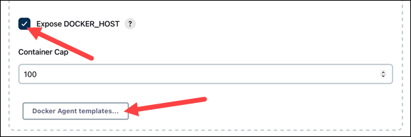 Exposing the Docker host and expanding the Docker Agent templates section.