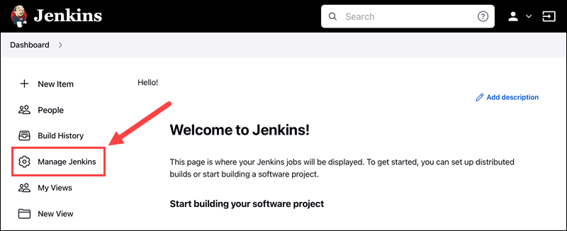 Navigating to Manage Jenkins window in Jenkins.