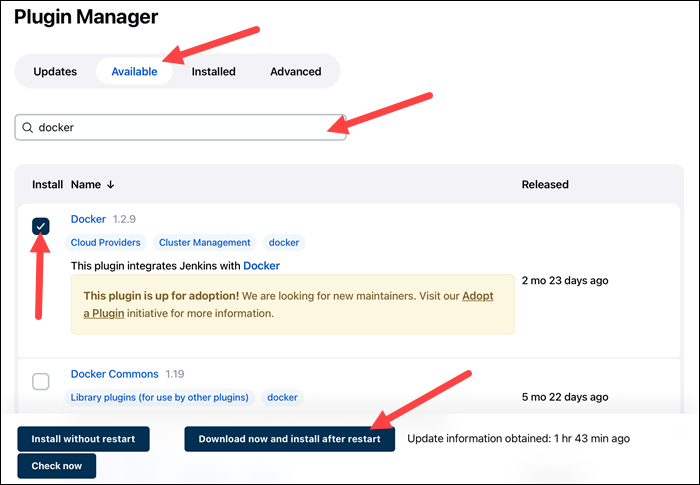 Selecting the Docker plugin in the Plugin Manager in Jenkins.