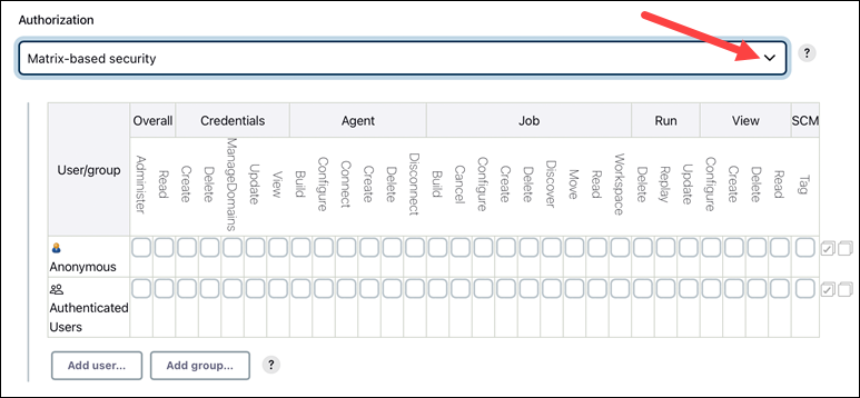 Matrix based security configuration