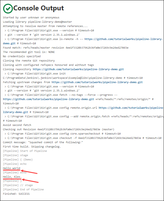 Console output confirming that the shared library correctly loads.