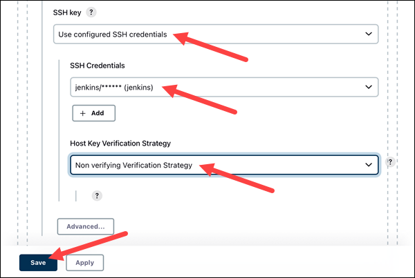 Configuring the SSH credentials for the Docker Agent template.