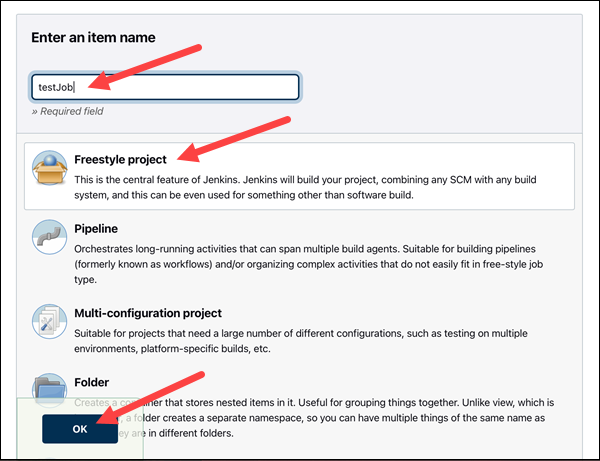 Creating a Freestyle project in Jenkins.