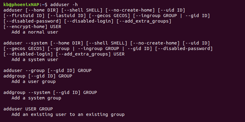 adduser -h terminal output
