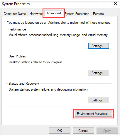 The Advanced tab in System Properties.