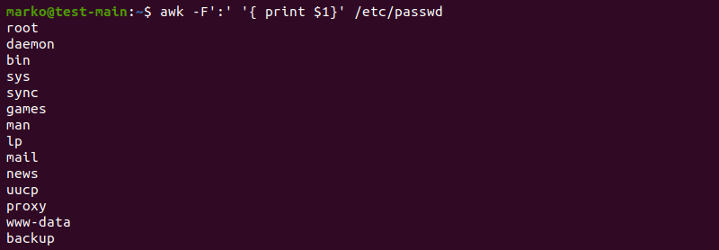 Displaying only the usernames using the awk command.