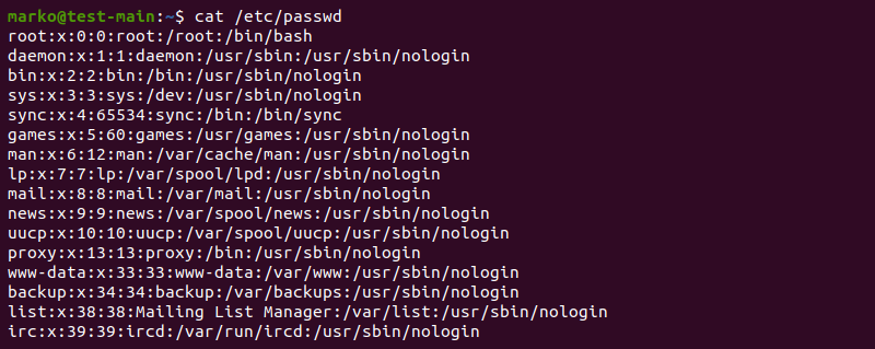 The output of the cat command used on passwd file.