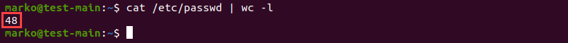 Counting the number of lines in the passwd file with the cat and wc commands.