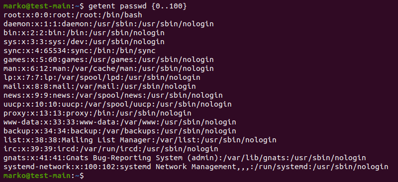 Searching the passwd database by providing a UID range, using getent to list users in Linux.
