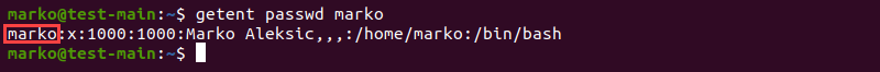 Searching the passwd base by username using the getent command to list users in Linux.