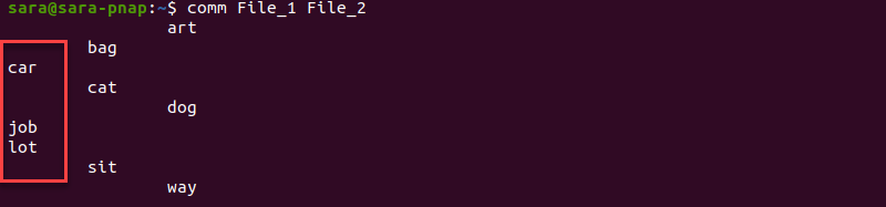 The comm Command Terminal Output Column 1