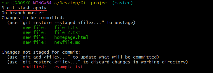 Apply git stash changes.