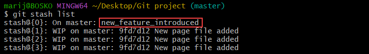 Listing git stashes to check if the stash name appears.
