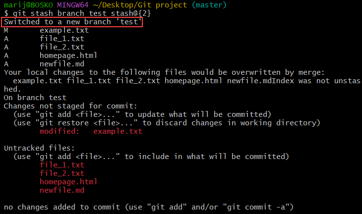Create a new branch from a stash.
