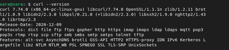 curl --version terminal output