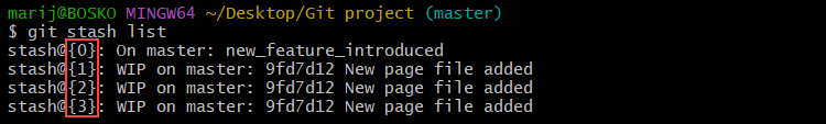 Listing Git stashes to find the stash index.