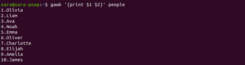 gawk $1 $2 terminal output