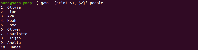 gawk $1 comma $2 terminal output