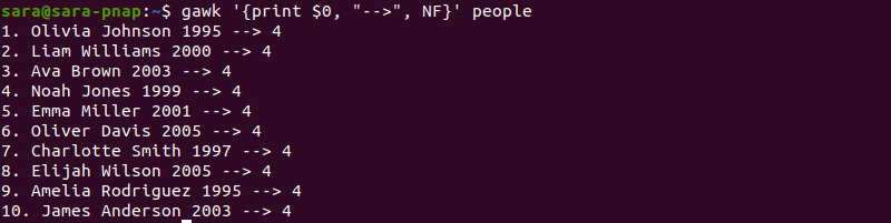 gawk NF terminal output