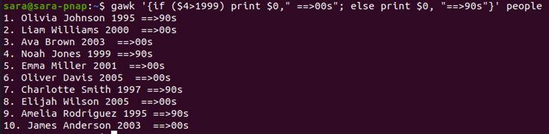 gawk if else statement terminal output