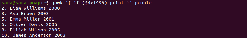 gawk if statement terminal output