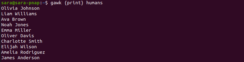 gawk print no line numbers terminal output