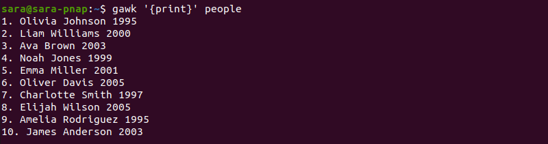 gawk print terminal output