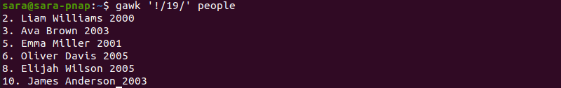 gawk ! terminal output