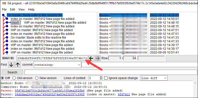 Searching for a stash commit hash in the Git repository browser.