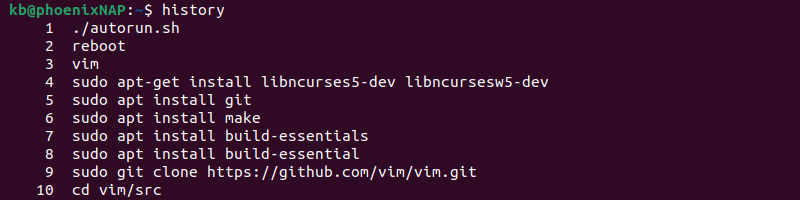 history command terminal output