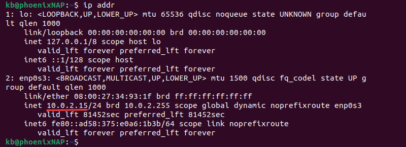 ip addr terminal output