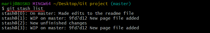 List existing stashes in a repository.