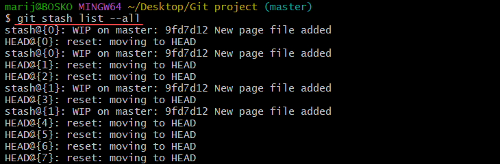 Showing stashes attached to all branches in the repository.