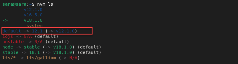 nvm ls default version terminal output