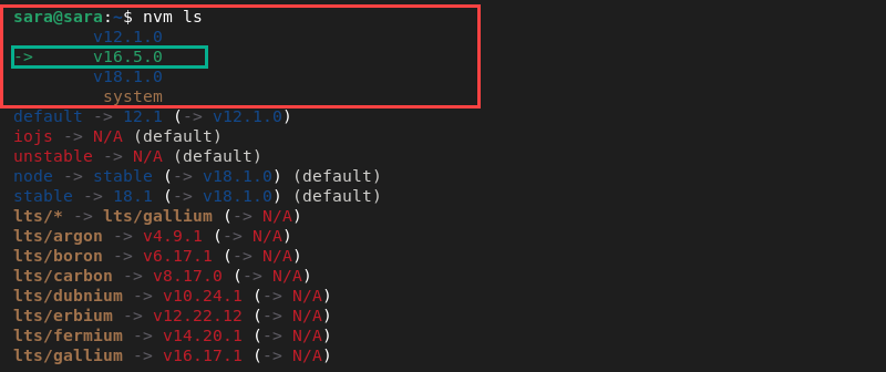 nvm ls terminal output