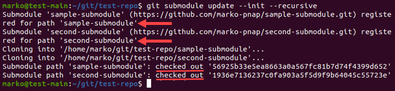 Updating submodules in a git repository.