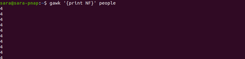 gawk print NF terminal output