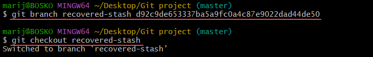 Applying a deleted Git stash changes to a new Git branch.