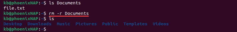 rm -r documents directory terminal output