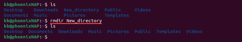 rmdir new_directory terminal output