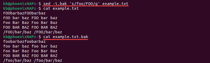 sed replace backup file terminal output