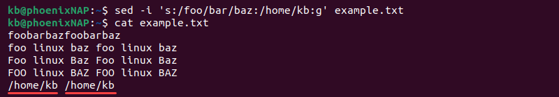 sed replace path string file terminal output